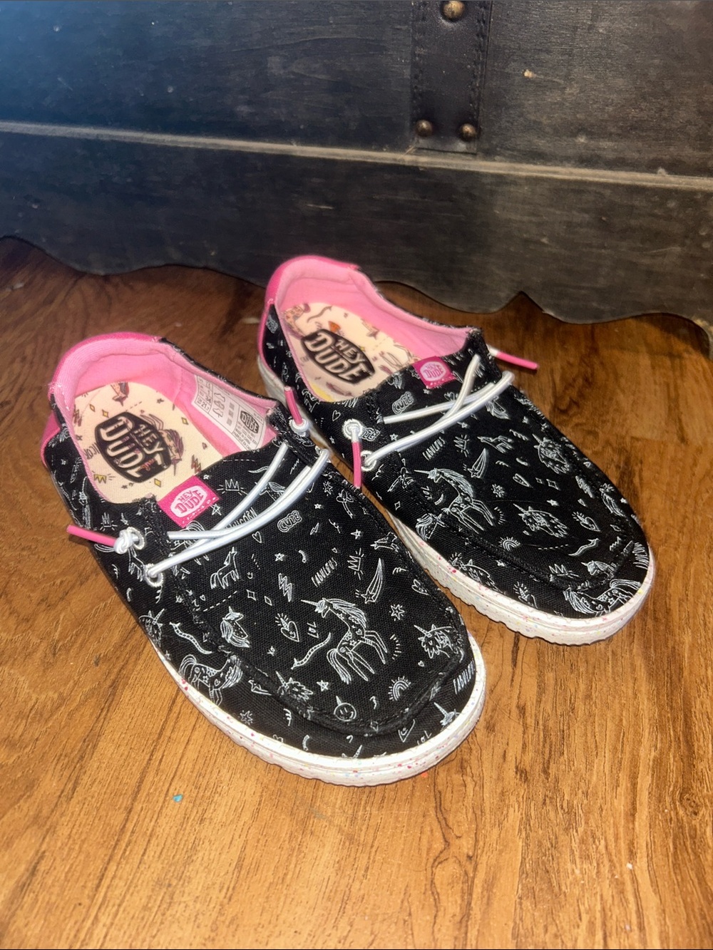 Hey Dude Black & Pink Girls' Slip-On Sneakers with White Laces